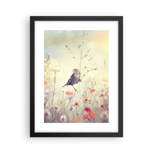 Affisch i svart ram - Fågelporträtt med en äng i bakgrunden - 30x40 cm