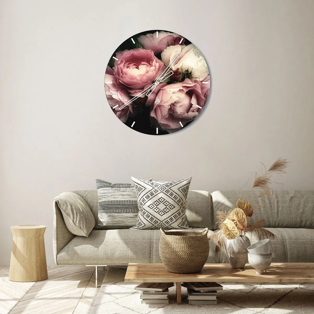 Väggklocka - Klocka på glas - Fina rosor i nyanser av rosa och vitt - 30x30cm - Belle epoque charm - Modern väggdekoration för vardagsrum, kök och sovrum ARTTOR
