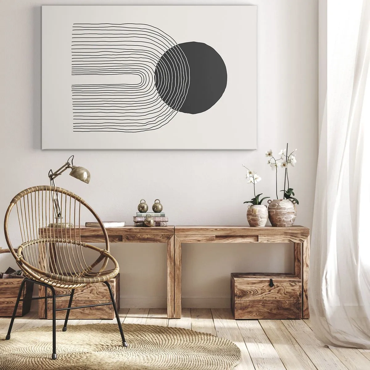 Canvastavla - Bild på duk - Abstrakt mönster med linjer och en svart cirkel på en ljus bakgrund - 70x50cm - Darr och säkerhet - Modern väggdekoration för vardagsrum och sovrum ARTTOR