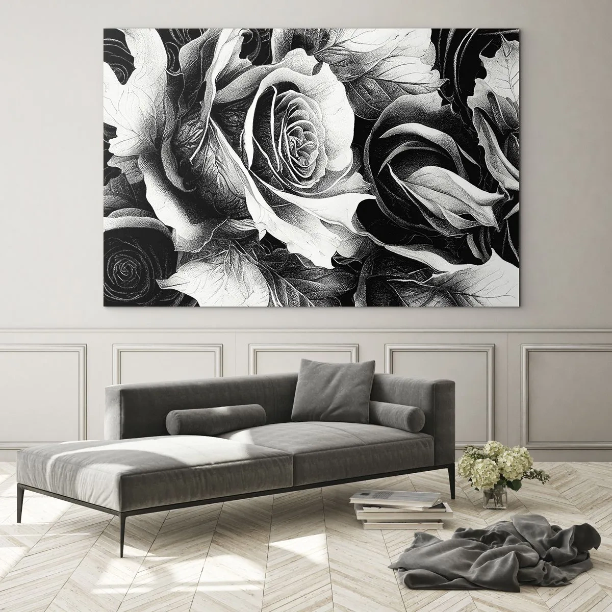 Glastavla - Bild på glas - Svartvitt rosblomsterarrangemang med detaljer - 70x50cm - Alltid drottningen - Modern väggdekoration för vardagsrum och sovrum ARTTOR