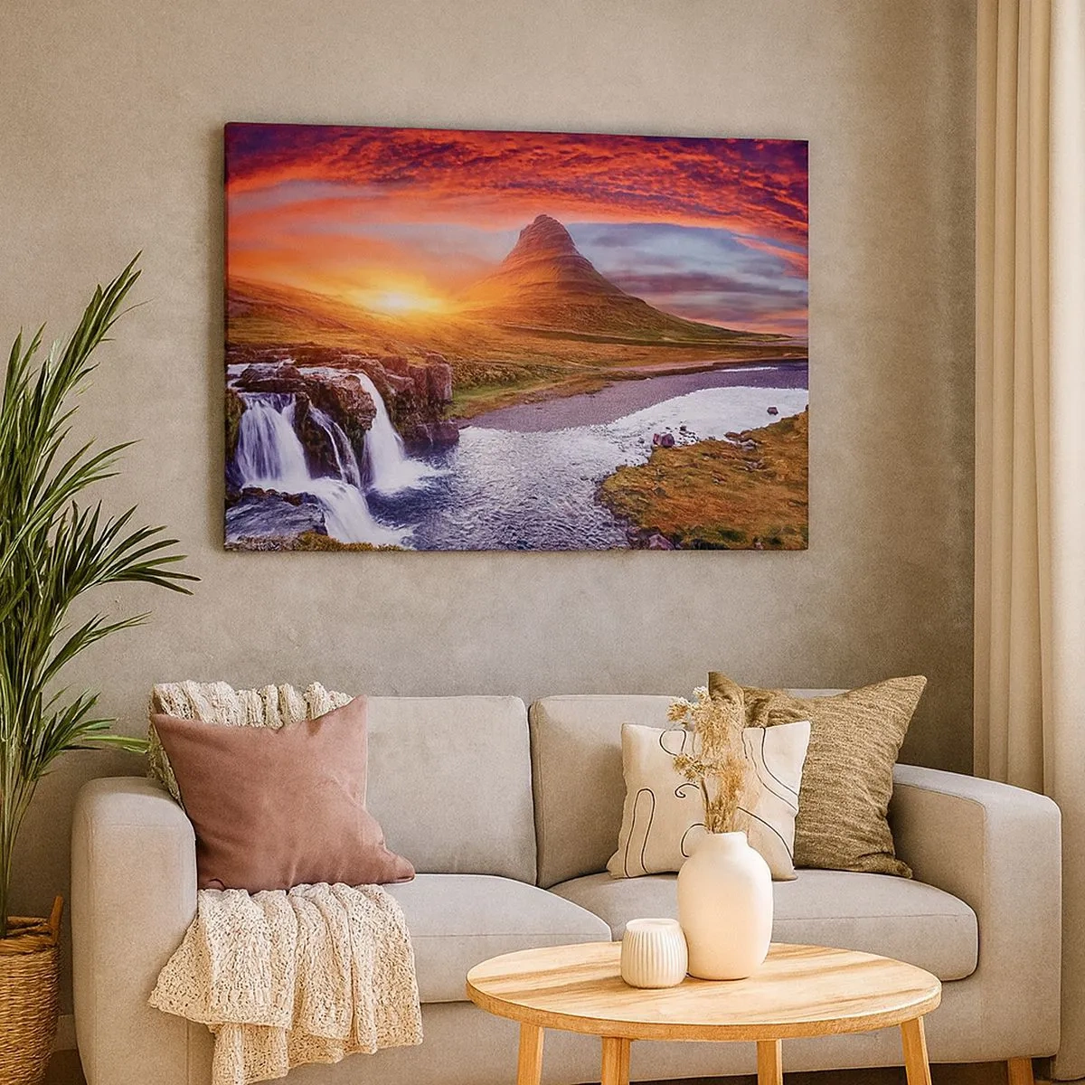 Canvastavla - Bild på duk - Bergslandskap med ett vattenfall vid solnedgången - 70x50cm - Utsikt över Midgård - Modern väggdekoration för vardagsrum och sovrum ARTTOR