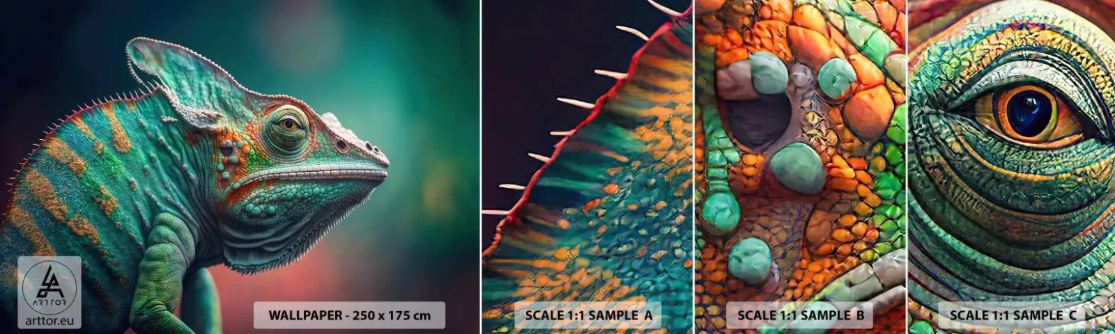 Provbit av självhäftande fototapet Deluxe Sticker - Ser du mig? Inte bra… - Kameleont, Djur, Reptil - 100x30 cm