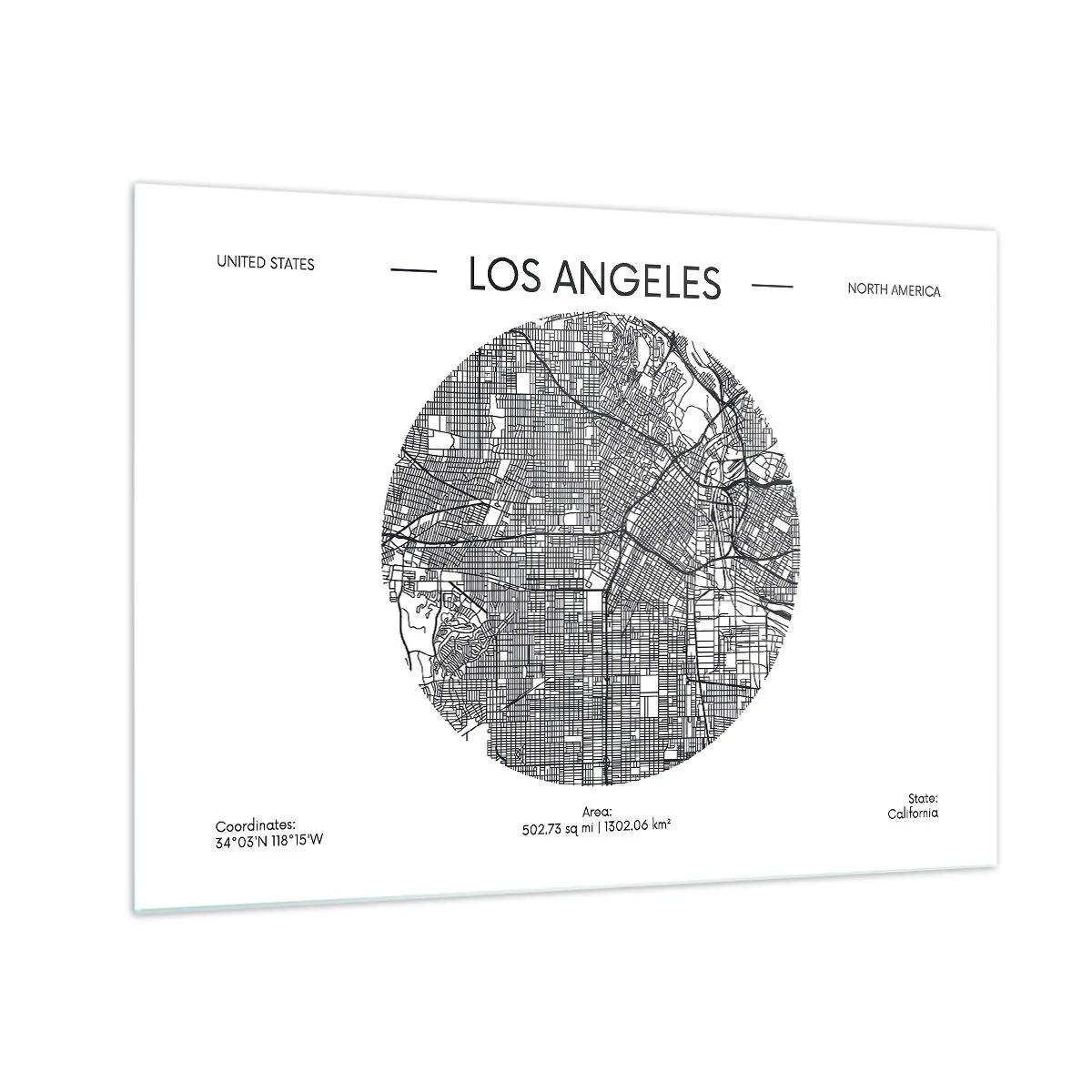 Glastavla - Bild på glas - En minimalistisk svartvit karta över Los Angeles. - 70x50cm - Los Angeles anatomi - Modern väggdekoration för vardagsrum och sovrum ARTTOR