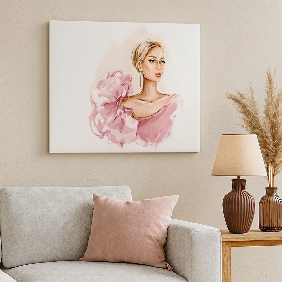 Canvastavla - Bild på duk - Porträtt av en kvinna i en rosa klänning mot en ljus bakgrund - 70x50cm - Som målad... - Modern väggdekoration för vardagsrum och sovrum ARTTOR