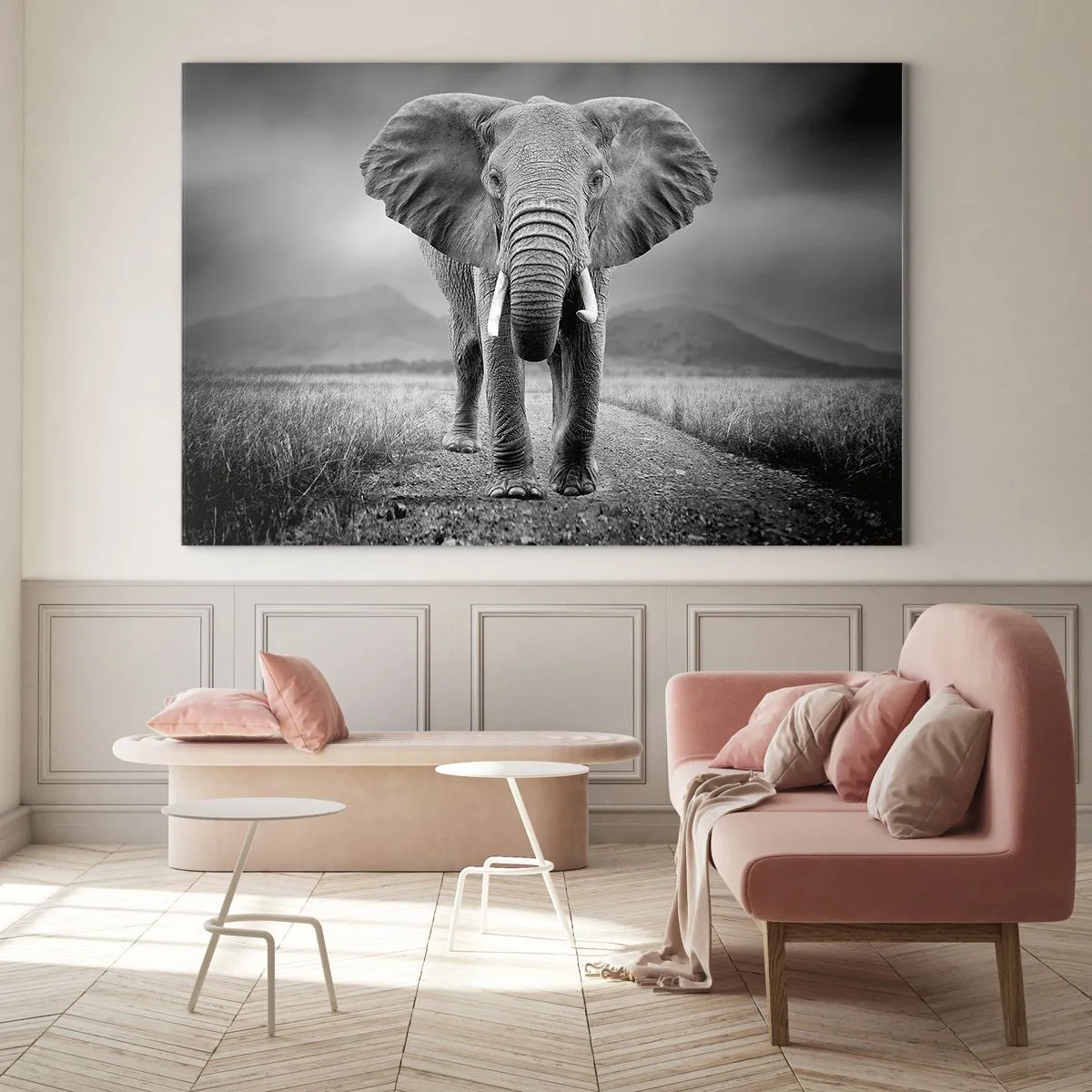 Glastavla - Bild på glas - Elefant på savannen i svartvitt - 70x50cm - Värden hälsar välkommen - Modern väggdekoration för vardagsrum och sovrum ARTTOR