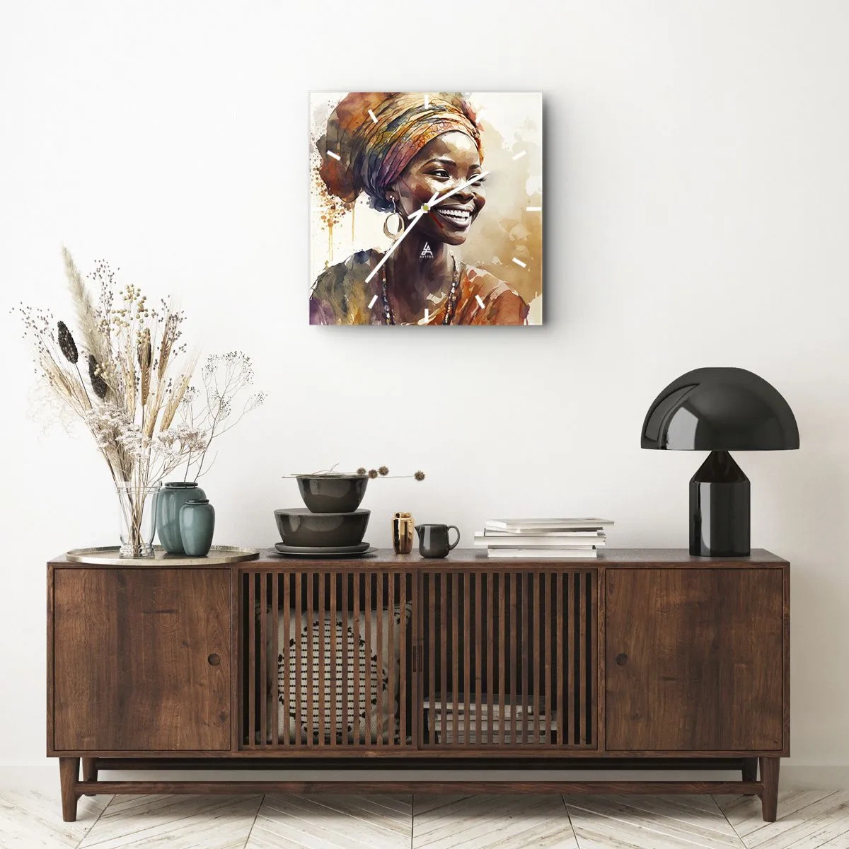 Väggklocka - Klocka på glas - Afrikansk drottning - 40x40 cm