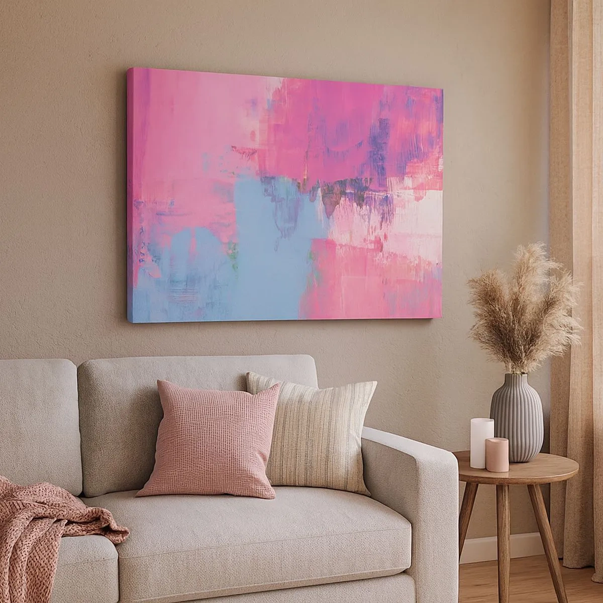 Canvastavla - Bild på duk - Abstrakt komposition i rosa och blått - 70x50cm - Rosa, blått och en gnutta ljus - Modern väggdekoration för vardagsrum och sovrum ARTTOR