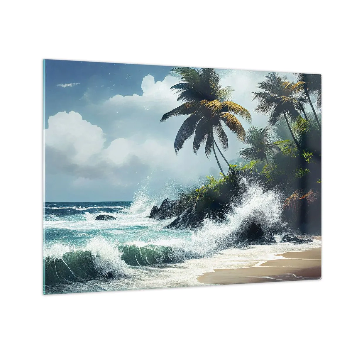 Glastavla - Bild på glas - Vågor som slår mot klipporna vid palmerna på en tropisk strand - 70x50cm - På en tropisk strand - Modern väggdekoration för vardagsrum och sovrum ARTTOR