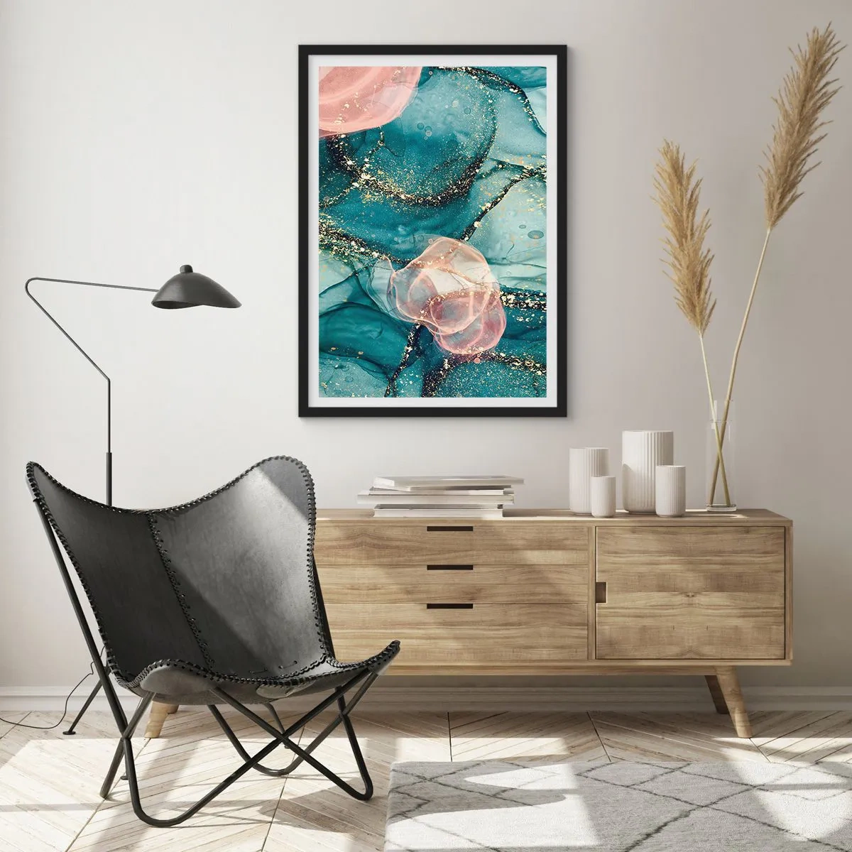 Affisch i svart ram - Sidenblå, tyllrosa - 30x40 cm