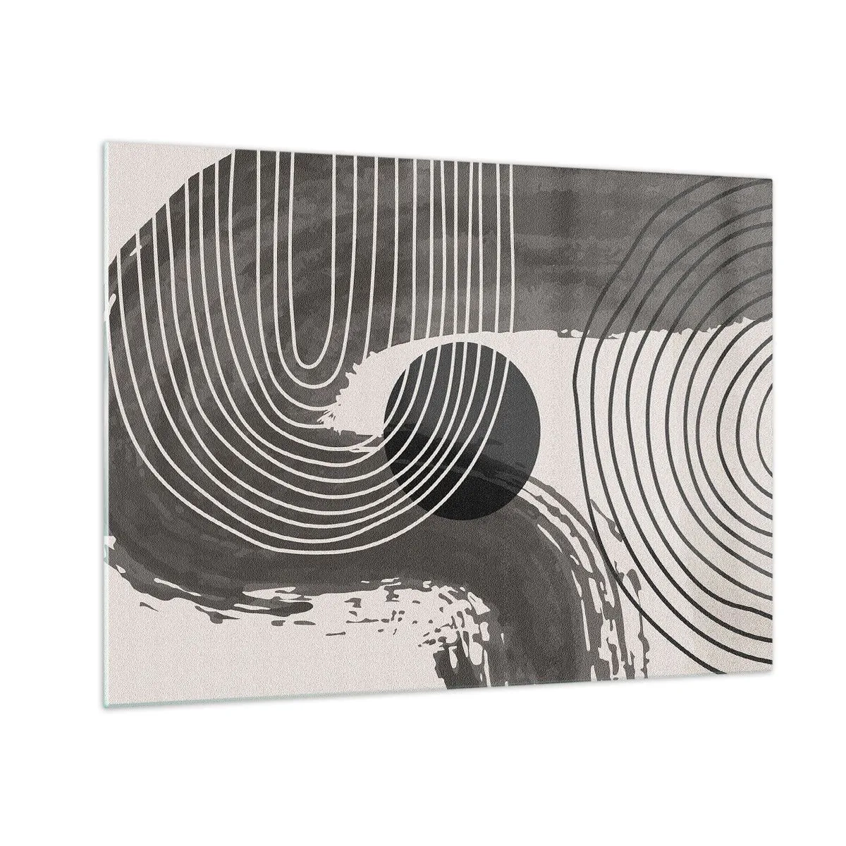 Glastavla - Bild på glas - Modern abstraktion med svarta och vita linjer och en oval - 70x50cm - Ovalen vinner - Modern väggdekoration för vardagsrum och sovrum ARTTOR