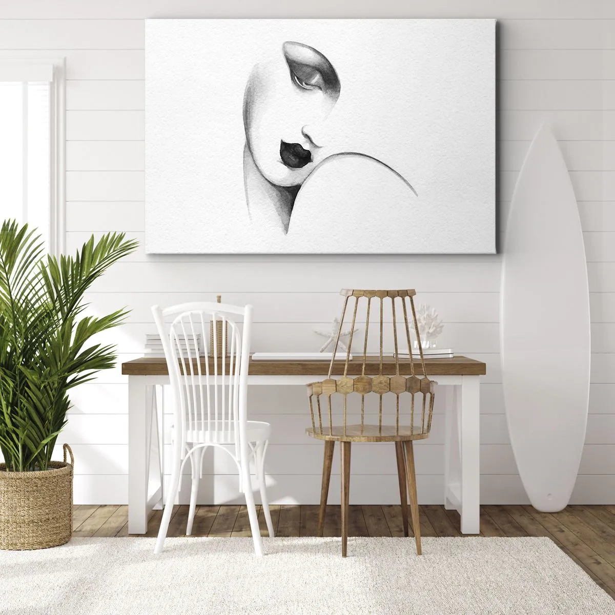 Canvastavla - Bild på duk - Ett subtilt porträtt av en kvinna i monokrom stil - 70x50cm - I Łempickas stil - Modern väggdekoration för vardagsrum och sovrum ARTTOR