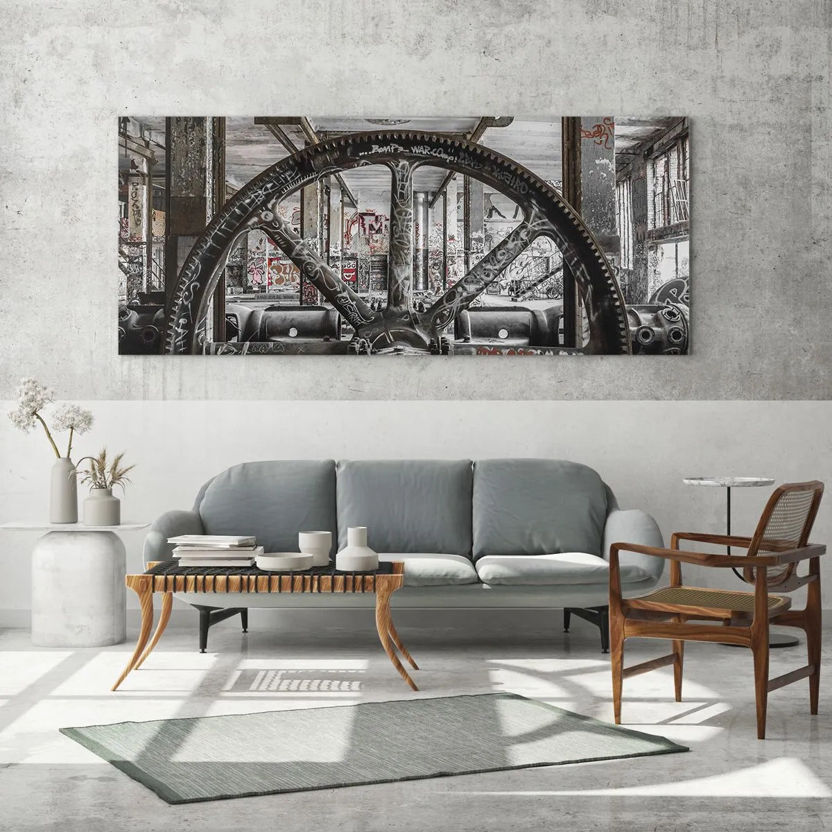 Glastavla - Bild på glas - Fabrikens hemliga liv - 100x40 cm