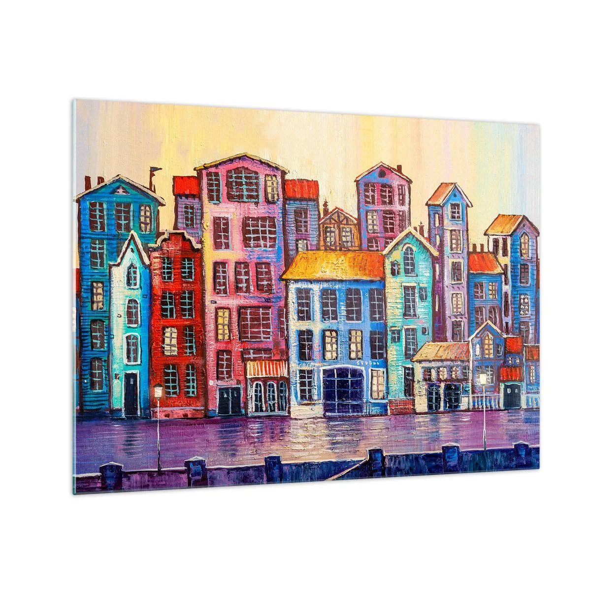Glastavla - Bild på glas - Färgglada hyreshus speglas i vattnet - 70x50cm - En sagostad  - Modern väggdekoration för vardagsrum och sovrum ARTTOR