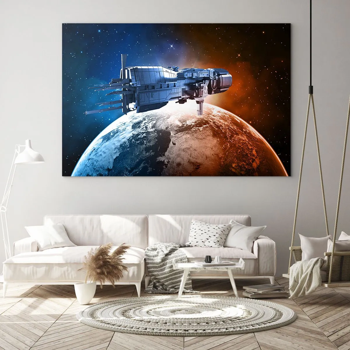 Glastavla - Bild på glas - Ett rymdskepp som kretsar kring en planet i stjärnljus - 70x50cm - Uppmärksam åskådare - Modern väggdekoration för vardagsrum och sovrum ARTTOR