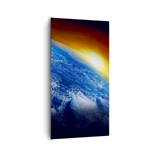 Canvastavla - Bild på duk - Soluppgång över den blåa planeten - 65x120 cm