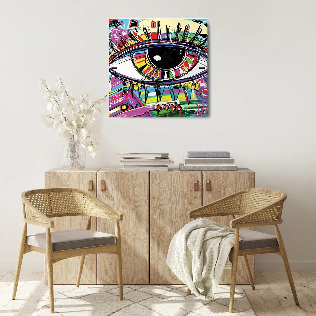 Väggklocka - Klocka på glas - Färgglatt öga - färgglad själ - 30x30 cm