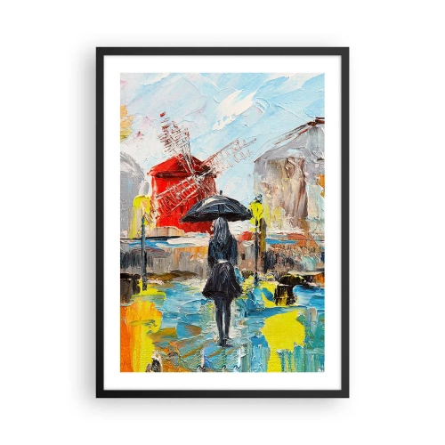 Affisch i svart ram - En kvinna med ett paraply mot bakgrund av en stad i regnet - 50x70cm - Parislegender - Modern väggdekoration för vardagsrum och sovrum ARTTOR