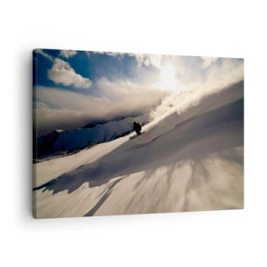 Canvastavla - Bild på duk - En skidåkare på en sluttning omgiven av berg och snö - 70x50cm - Fjällutmaningen accepterad - Modern väggdekoration för vardagsrum och sovrum ARTTOR