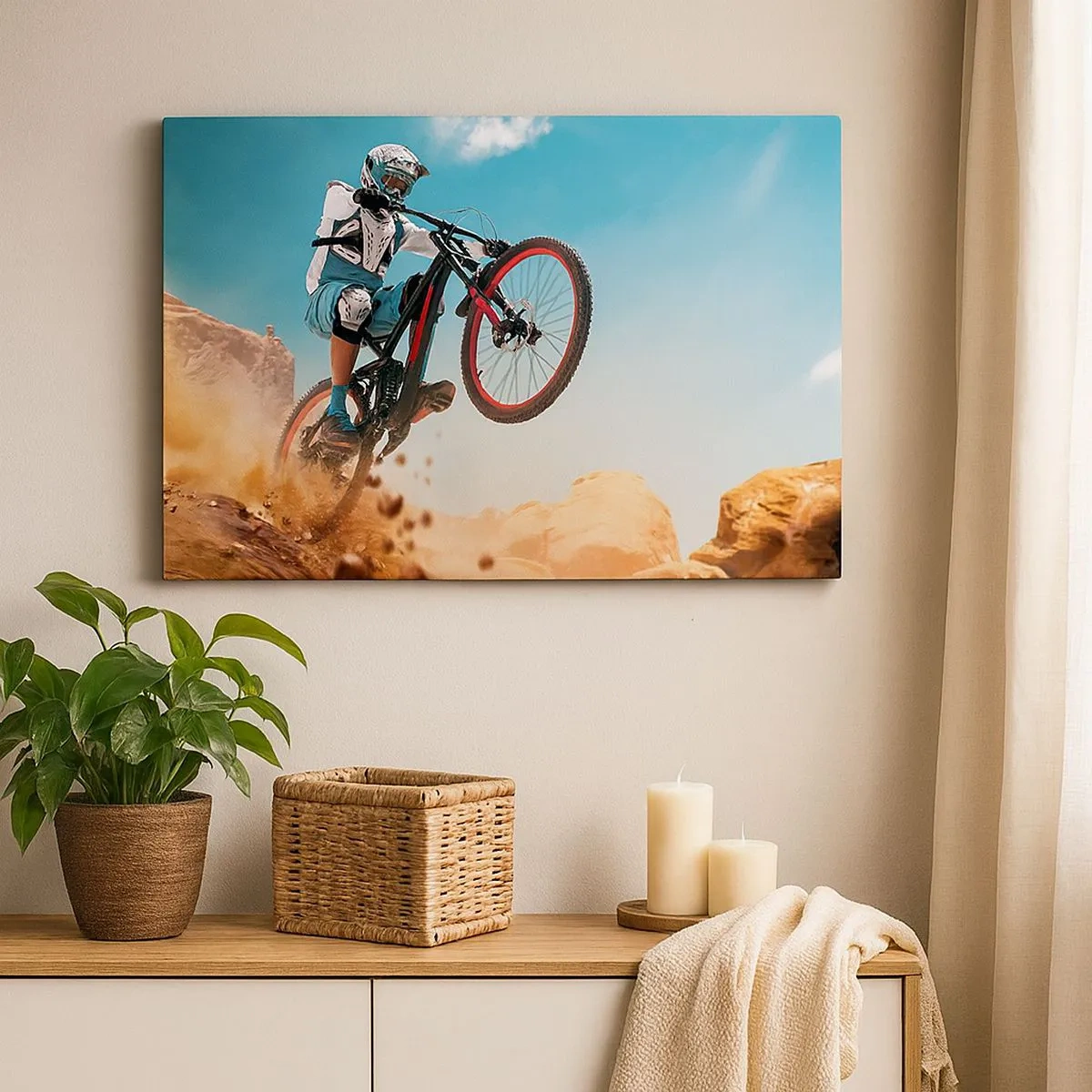 Canvastavla - Bild på duk - En mountainbiker utför ett hopp mot en bakgrund av stenar - 70x50cm - Cykelgalning - Modern väggdekoration för vardagsrum och sovrum ARTTOR