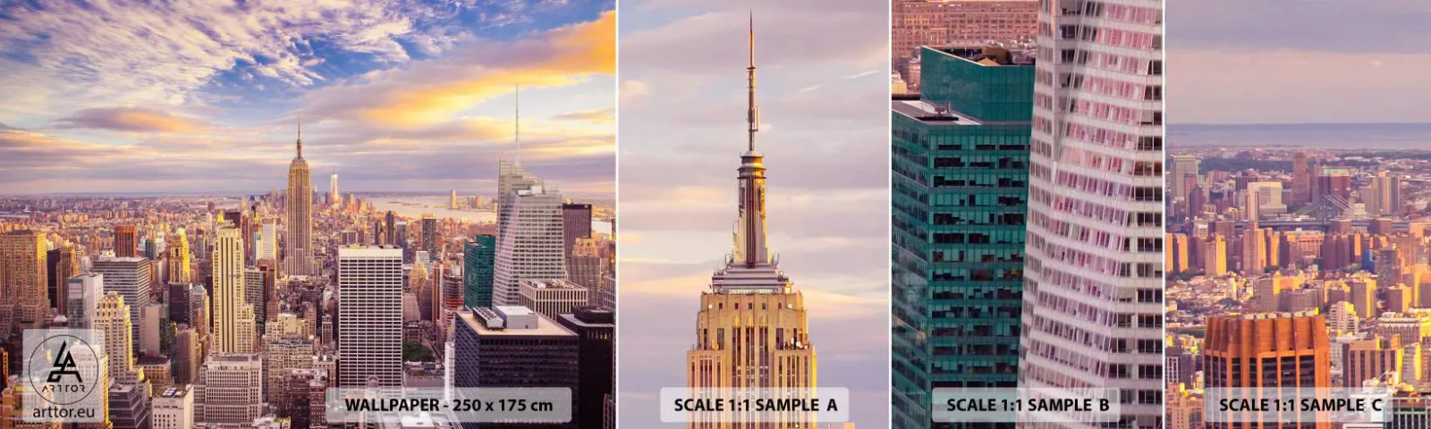 Provbit av självhäftande fototapet Deluxe Sticker - Nå ut till molnen - Stad, New York, Arkitektur - 100x30 cm