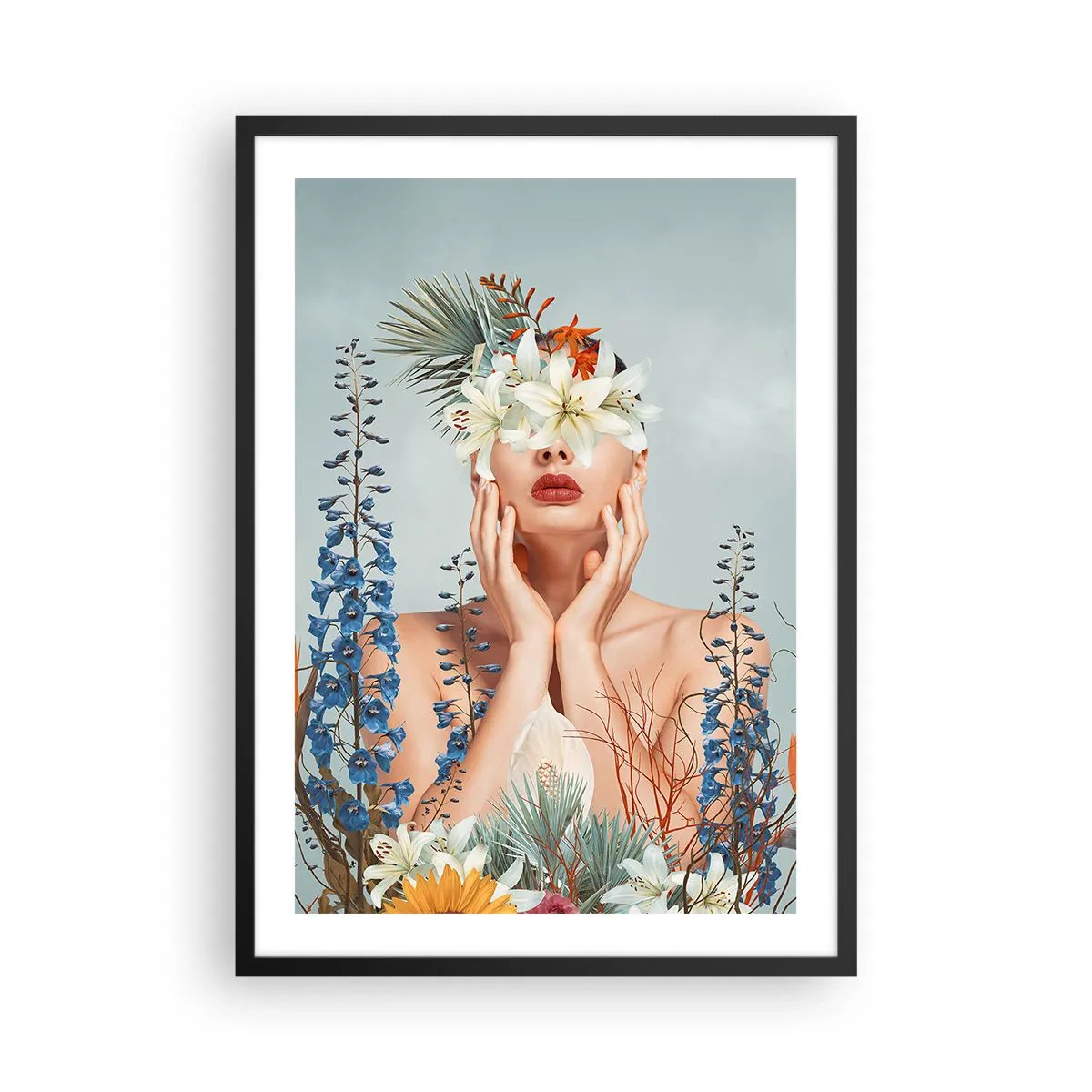 Affisch i svart ram - En kvinna omgiven av blommor i en surrealistisk komposition - 50x70cm - Kvinna - blomma - Modern väggdekoration för vardagsrum och sovrum ARTTOR