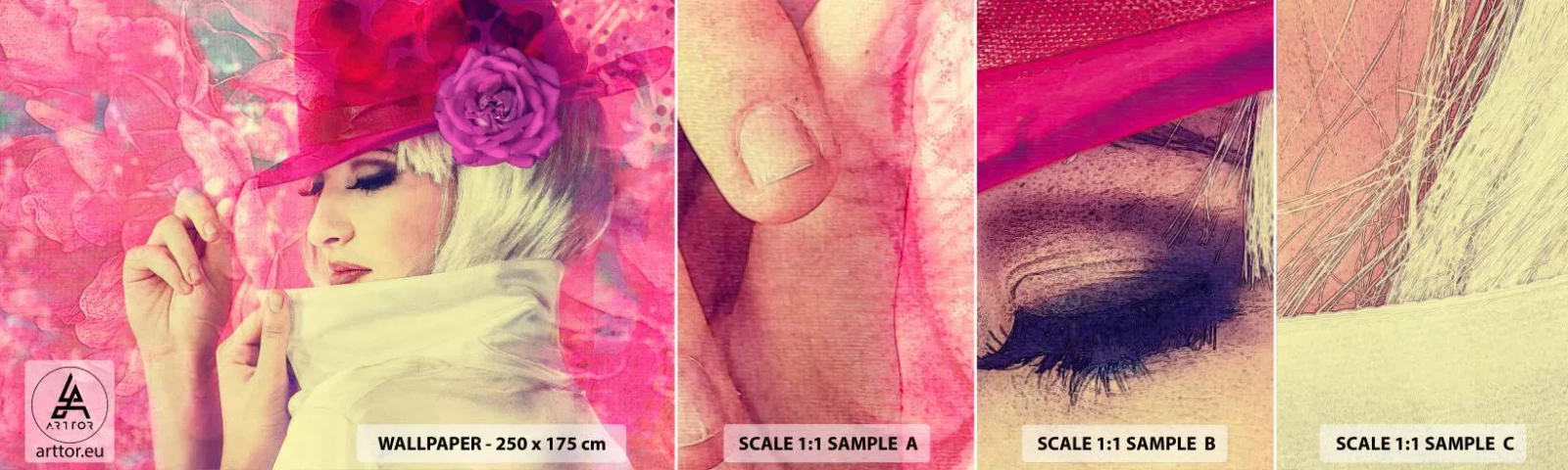 Provbit av självhäftande fototapet Deluxe Sticker - Retroporträtt i rosa ångor - Kvinna I En Hatt, Blommor, Mode - 100x30 cm