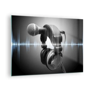 Glastavla - Bild på glas - Mikrofon med hörlurar mot en bakgrund av ljudvågor - 70x50cm - Sången hörs fortfarande - Modern väggdekoration för vardagsrum och sovrum ARTTOR