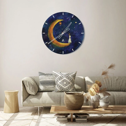 Väggklocka - Klocka på glas - En figur på månen i en sagolik natthimmel med en lykta - 30x30cm - Världens skrik - Modern väggdekoration för vardagsrum, kök och sovrum ARTTOR