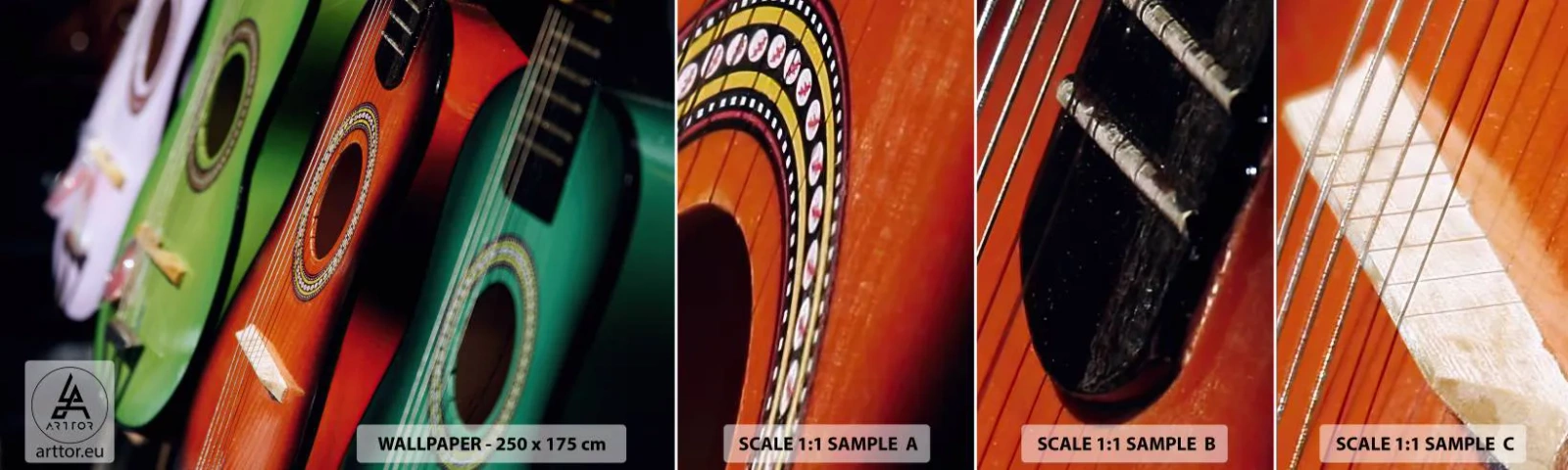 Fototapet Prov Standard Eco - Gitarren har flera färger - musik, Gitarr, Ett musikinstrument - 100x30 cm