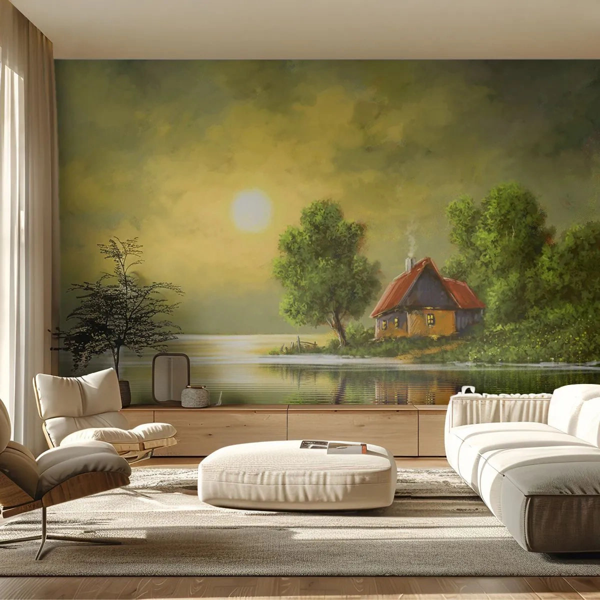 Fototapet Premium Sand - Vackert som från en bild - Landskap, Stuga på landet, Segelbåt - 350x256 cm