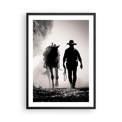 Affisch i svart ram - Silhuetten av en cowboy med sin häst i morgondimman - 50x70cm - En morgon i Texas - Modern väggdekoration för vardagsrum och sovrum ARTTOR