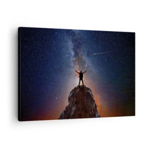 Canvastavla - Bild på duk - En figur på en bergstopp under en stjärnklar himmel - 70x50cm - Kraften är med mig! - Modern väggdekoration för vardagsrum och sovrum ARTTOR