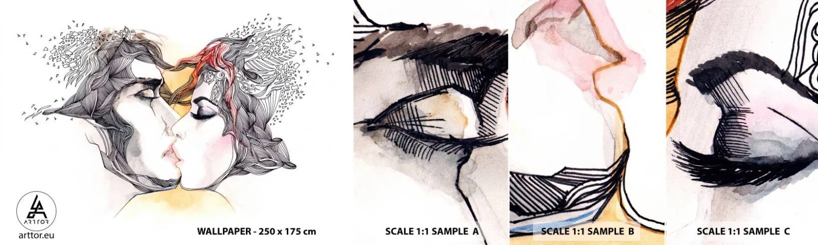 Provbit av självhäftande fototapet Deluxe Sticker - Världen existerar inte - Abstraktion, Ett par älskare, Kyss - 100x30 cm