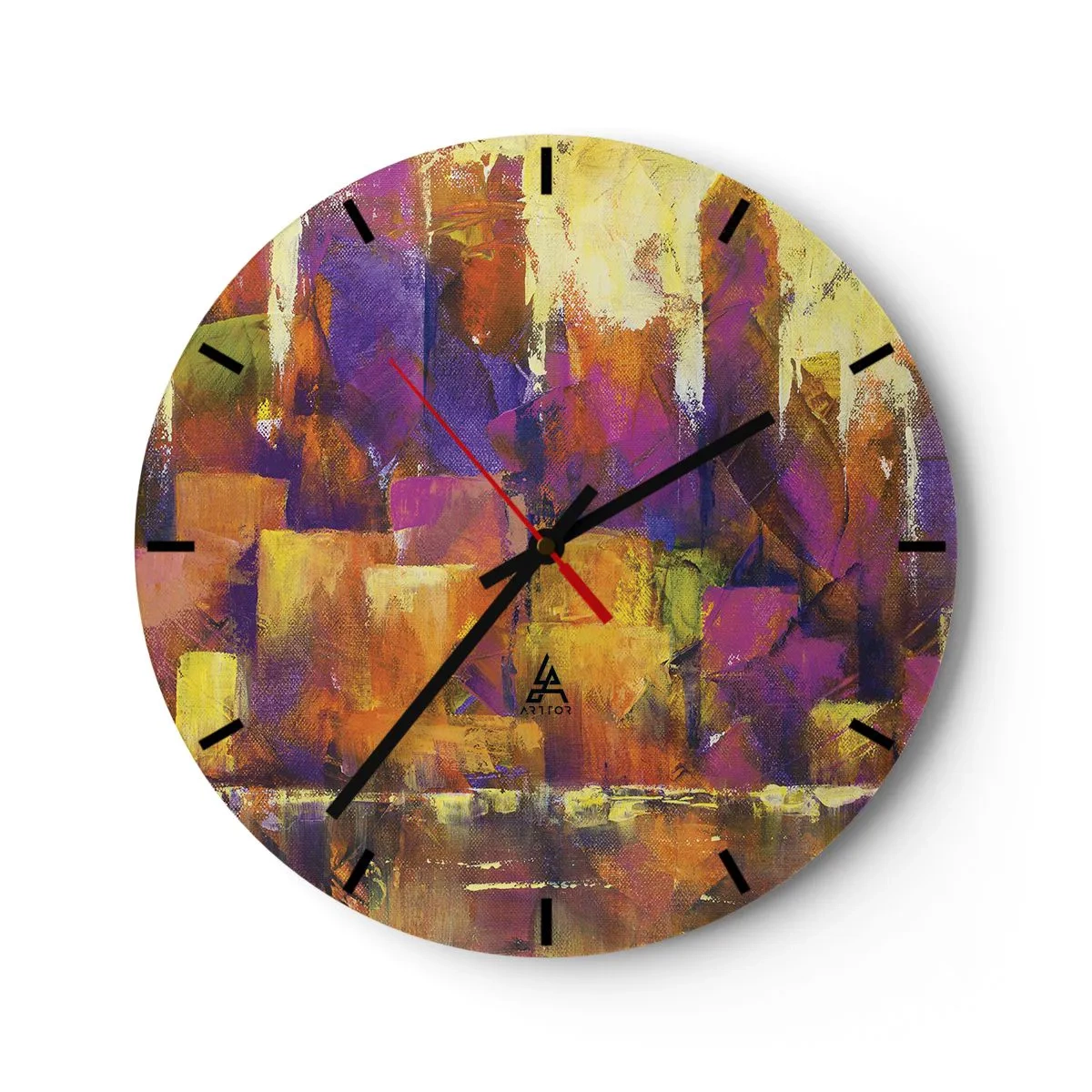 Väggklocka - Klocka på glas - En abstrakt komposition i nyanser av gult och lila. - 30x30cm - Metropolis komposition - Modern väggdekoration för vardagsrum, kök och sovrum ARTTOR