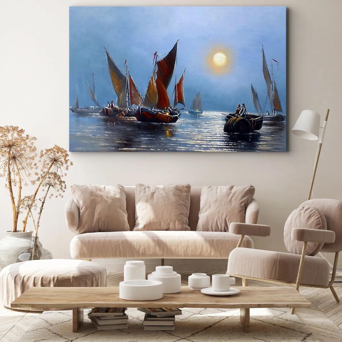 Canvastavla - Bild på duk - Båtar med segel på lugnt vatten vid solnedgången - 70x50cm - Nattens fångst - Modern väggdekoration för vardagsrum och sovrum ARTTOR