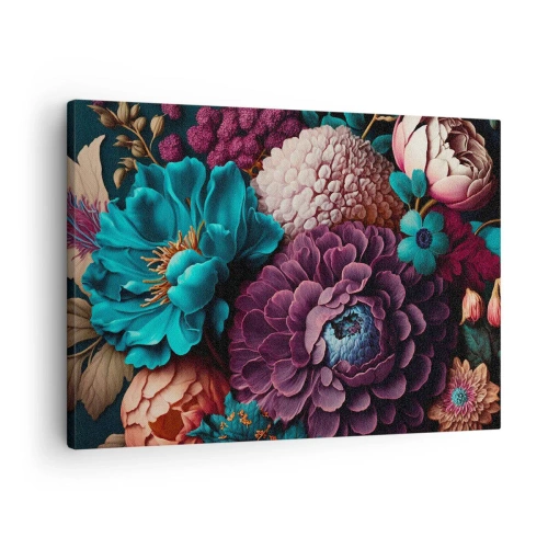 Canvastavla - Bild på duk - En blombukett i intensiva färger mot en mörk bakgrund - 70x50cm - Natur i överflöd - Modern väggdekoration för vardagsrum och sovrum ARTTOR