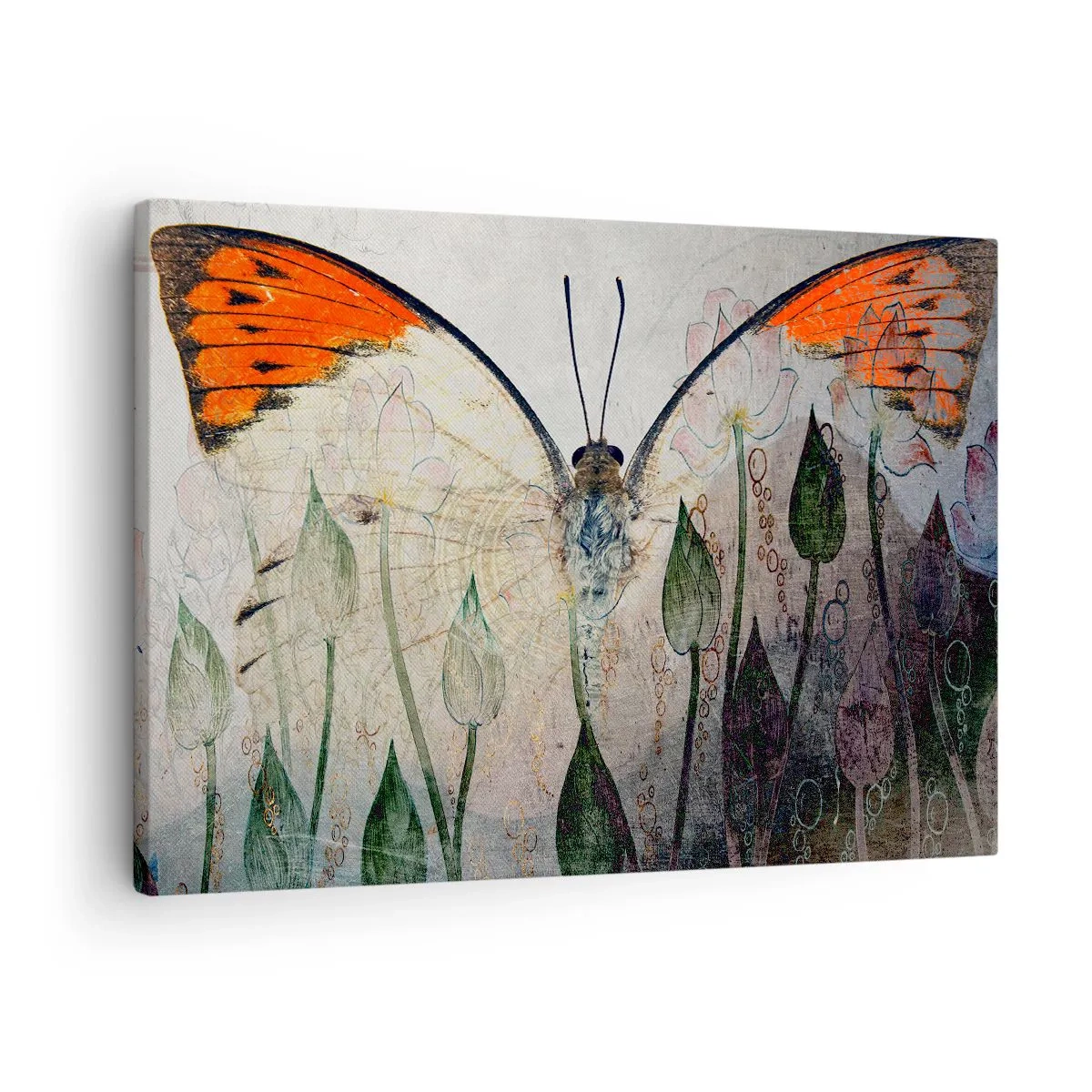 Canvastavla - Bild på duk - En fjäril med orange vingar mot en bakgrund av stiliserade blommor. - 70x50cm - "När en fjäril gungar i gräset" - Modern väggdekoration för vardagsrum och sovrum ARTTOR