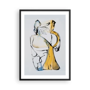 Affisch i svart ram - En abstrakt figur i svart, gult och blått, som uttrycker rörelse och känslor. - 50x70cm - Abstraktion i glas - Modern väggdekoration för vardagsrum och sovrum ARTTOR