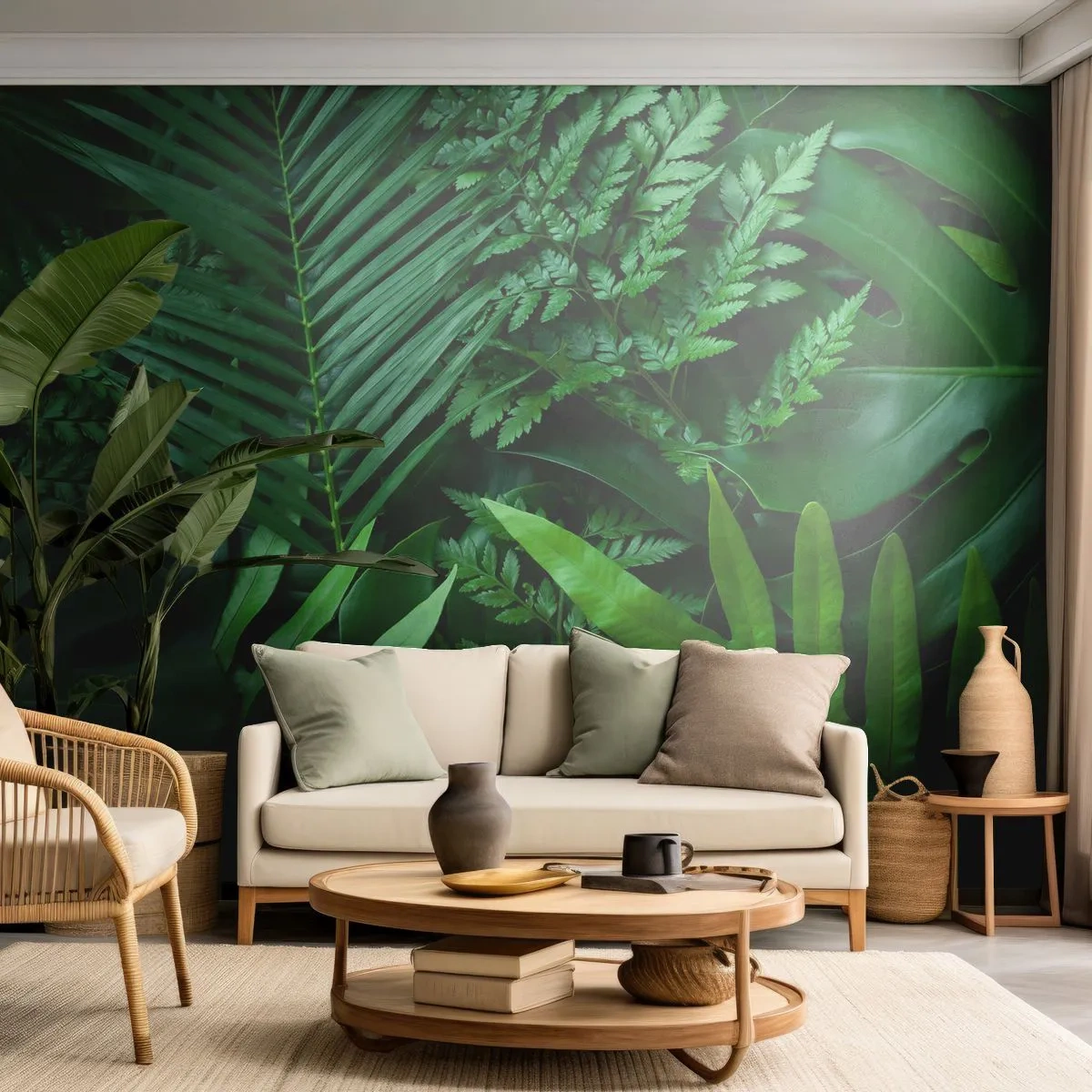 Fototapet Premium Sand - Omgärdade av grönskan - Exotisk planta, Palmblad, Monstera löv - 100x70 cm