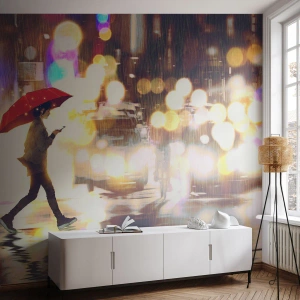 Självhäftande Fototapet Deluxe Sticker - Solig trots allt - Stad, Gå i regnet, Paraply - 100x70 cm