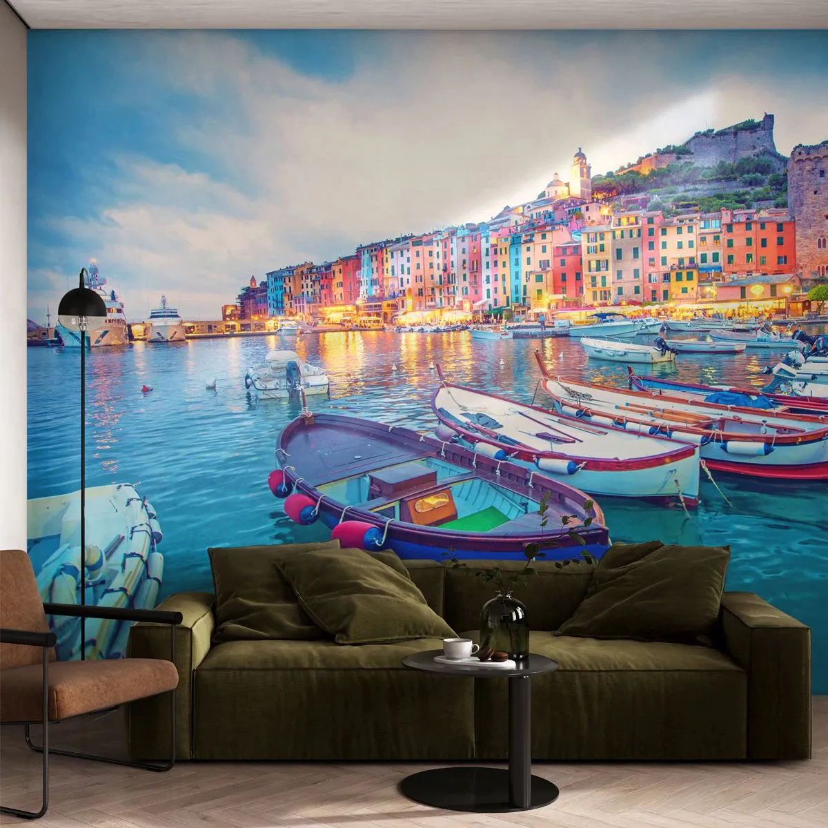 Fototapet Premium Canvas - Färgglad kväll i hamnen - Hamnstad, Arkitektur, Landskap - 500x350 cm