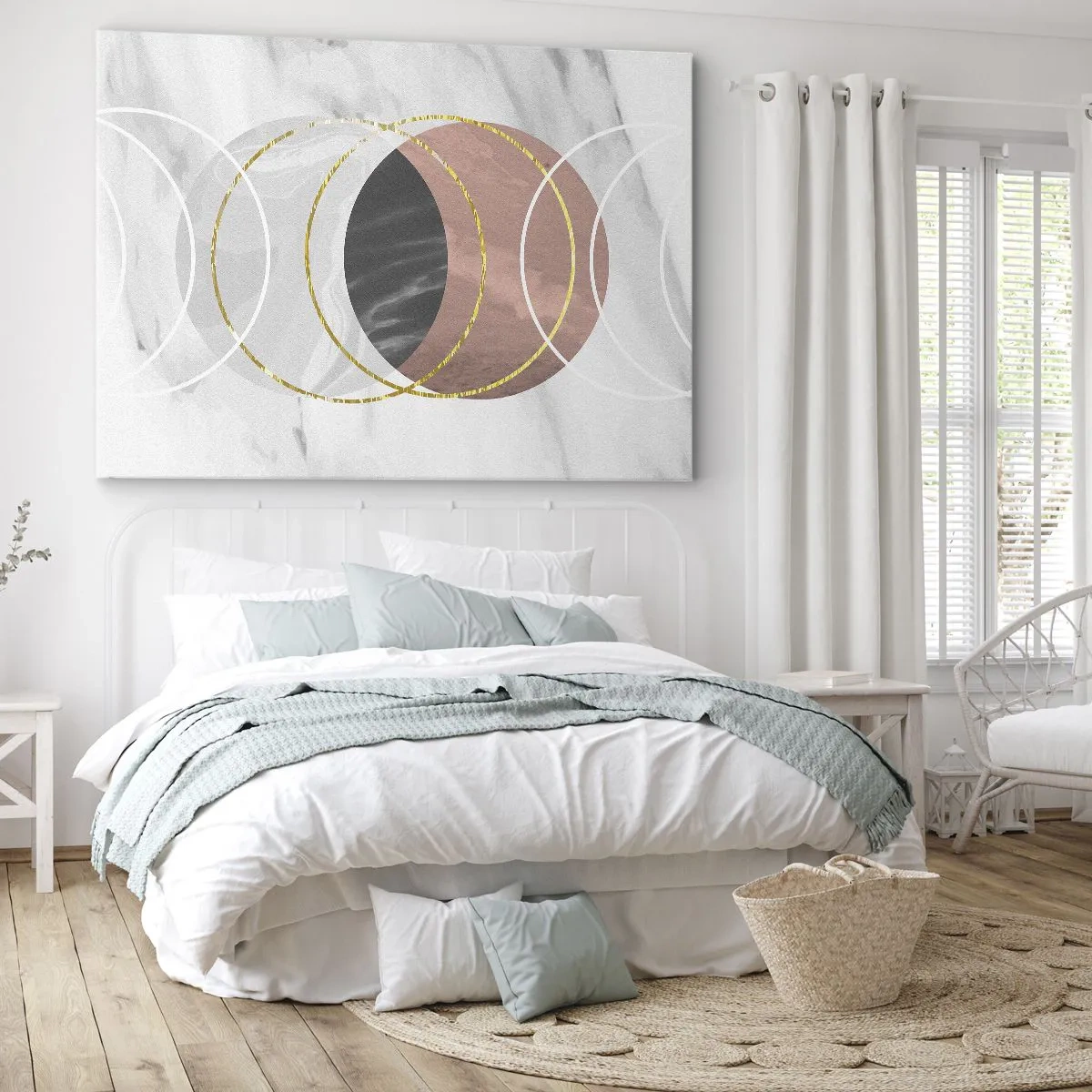 Canvastavla - Bild på duk - Abstrakt geometrisk komposition med cirklar och metalliska detaljer - 70x50cm - Sfärernas musik - Modern väggdekoration för vardagsrum och sovrum ARTTOR