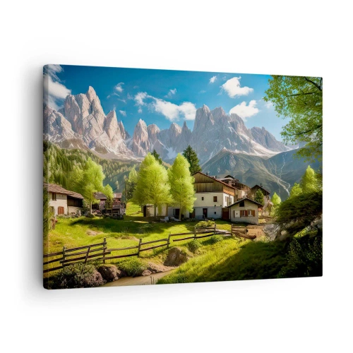 Canvastavla - Bild på duk - En bergsby med hus och utsikt över Alperna - 70x50cm - Alpin idyll - Modern väggdekoration för vardagsrum och sovrum ARTTOR
