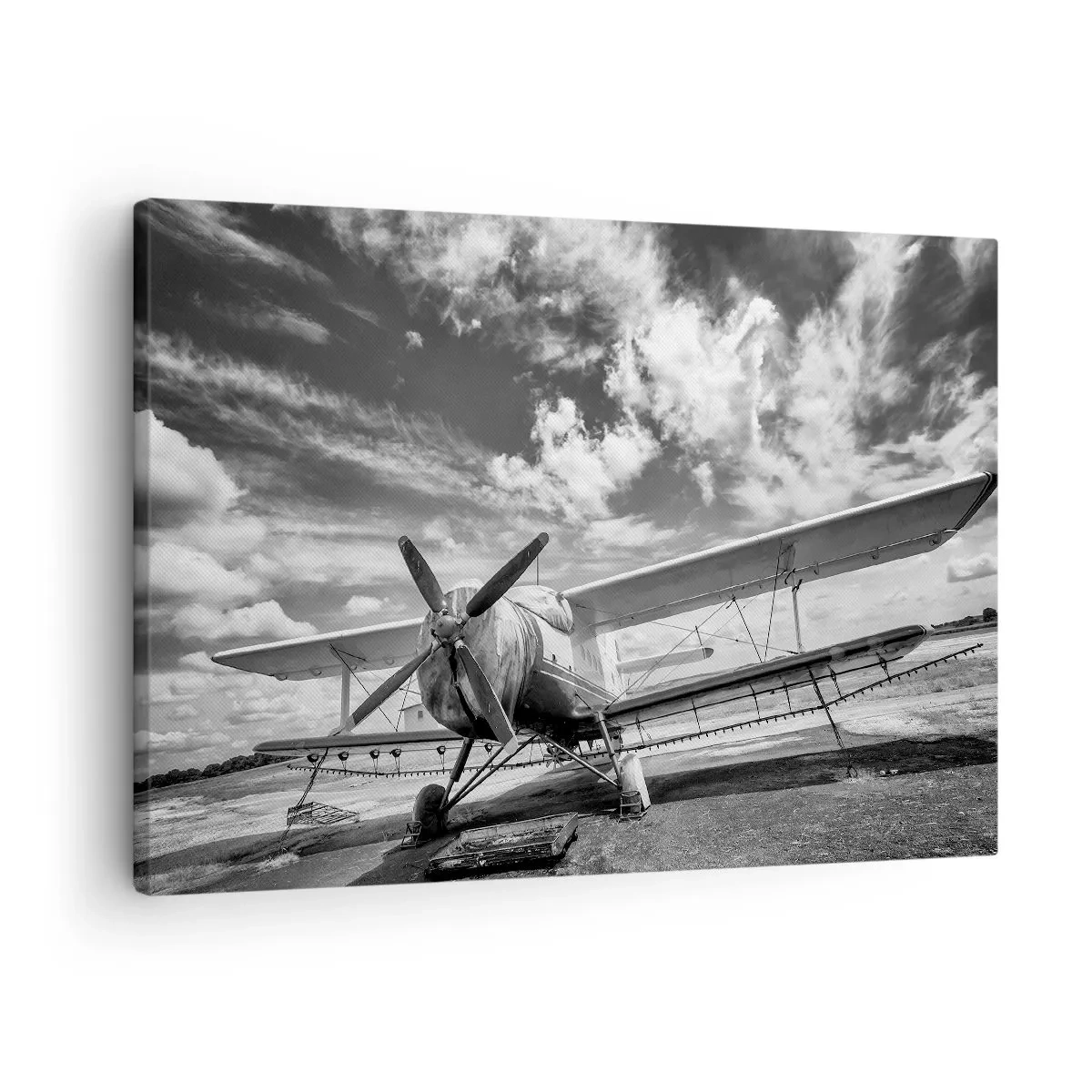 Canvastavla - Bild på duk - Ett gammalt flygplan på flygplatsen i svartvitt - 70x50cm - Jag kan inte vänta! - Modern väggdekoration för vardagsrum och sovrum ARTTOR