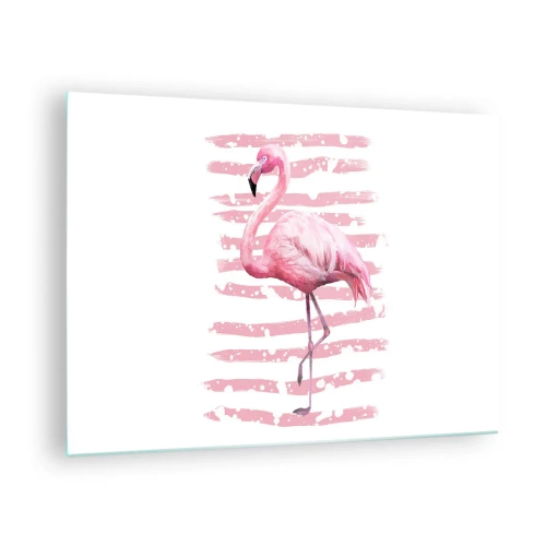 Glastavla - Bild på glas - En rosa flamingo mot en bakgrund av konstnärliga rosa ränder. - 70x50cm - Med värdighet trots i rosa färg - Modern väggdekoration för vardagsrum och sovrum ARTTOR