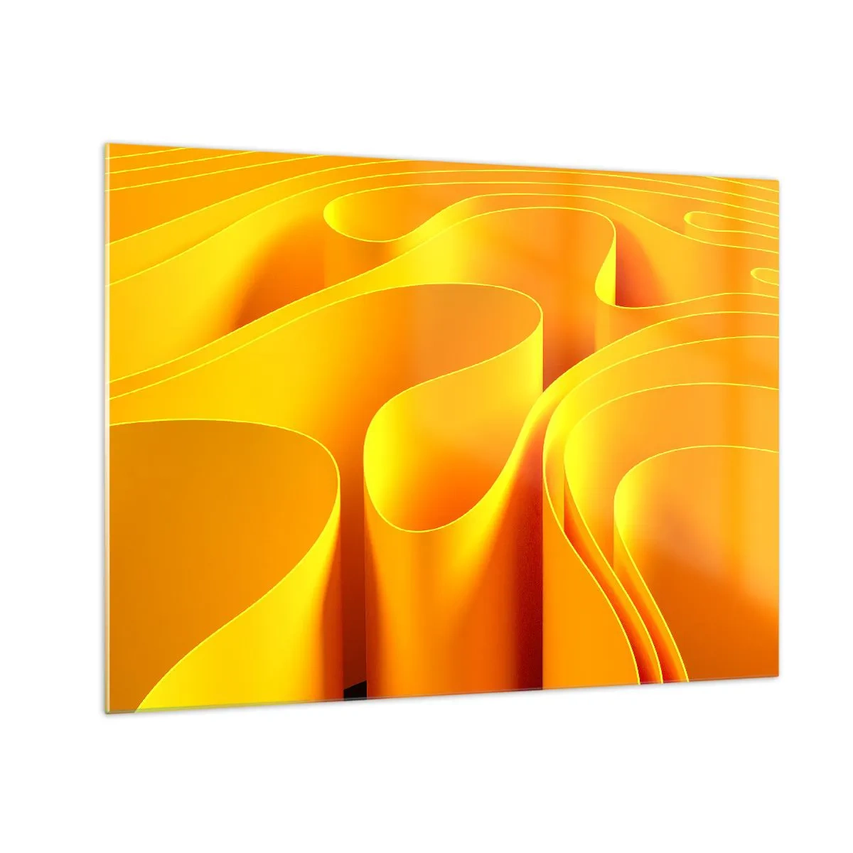 Glastavla - Bild på glas - Abstrakta vågor i nyanser av guld och orange - 70x50cm - Som solens vågor - Modern väggdekoration för vardagsrum och sovrum ARTTOR