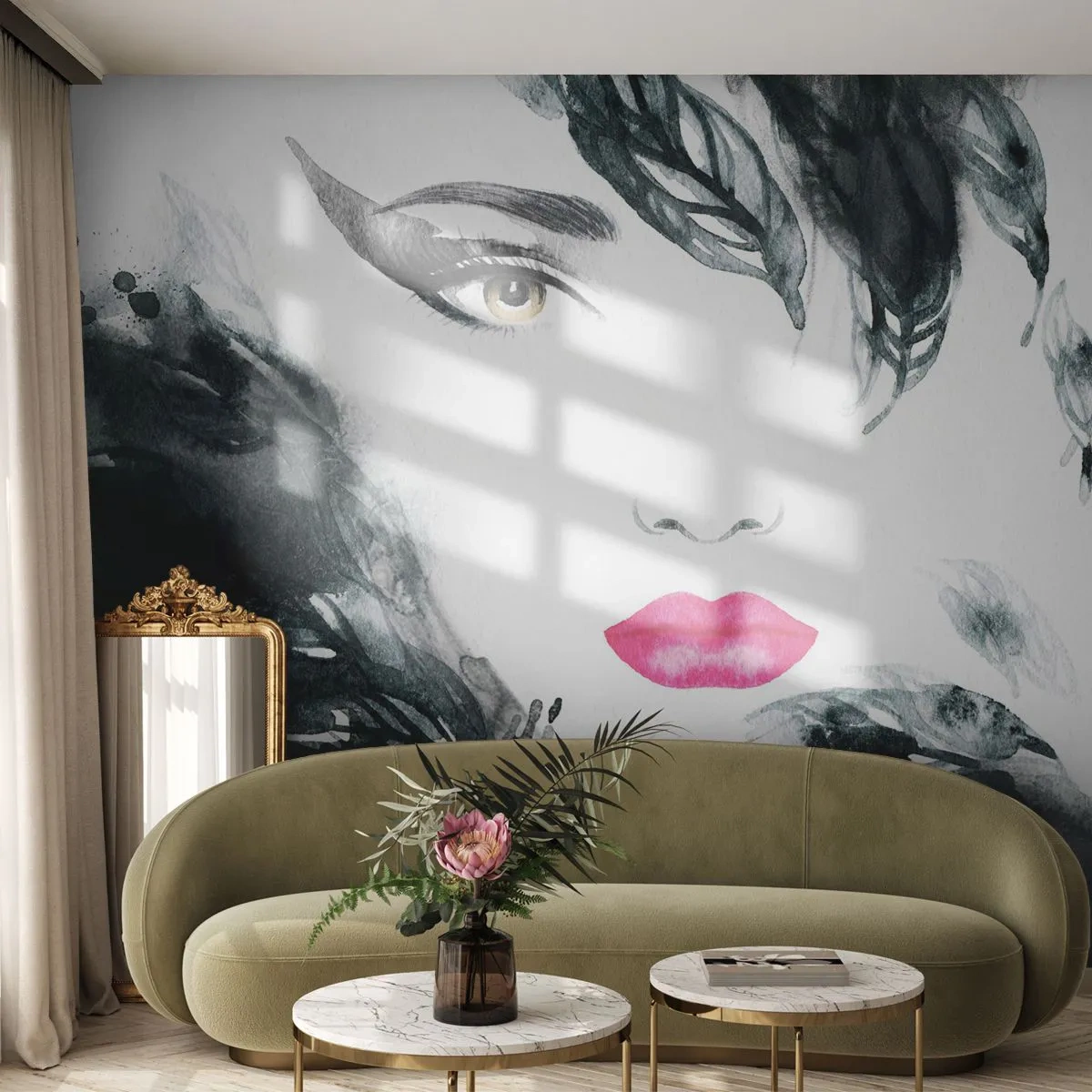 Självhäftande Fototapet Deluxe Sticker - Observera! Femme fatale - Abstraktion, Kvinnans ansikte, Porträtt av en kvinna - 250x175 cm