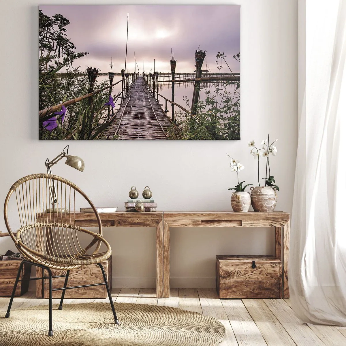 Canvastavla - Bild på duk - Bambubro över vattnet i gryningen - 70x50cm - Asiens lugn och tystnad - Modern väggdekoration för vardagsrum och sovrum ARTTOR