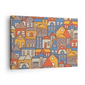 Canvastavla - Bild på duk - Färgglada hus i grafisk stil mot en ljus bakgrund - 70x50cm - Hus bakom hus - Modern väggdekoration för vardagsrum och sovrum ARTTOR
