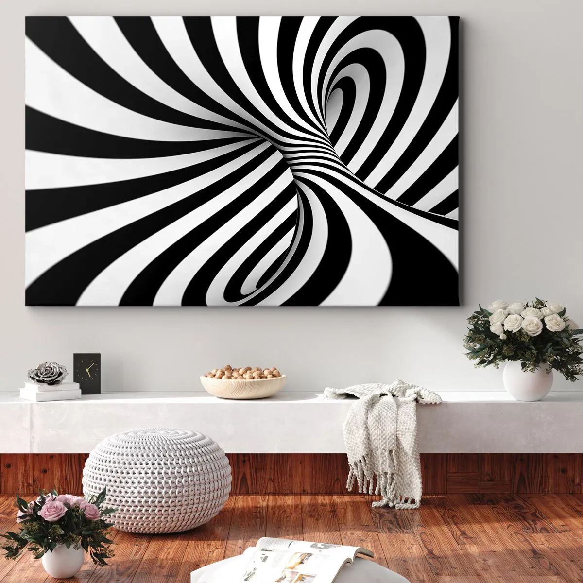 Canvastavla - Bild på duk - Abstrakt tunnel med svarta och vita spiralränder - 70x50cm - Komposition: dansande rum - Modern väggdekoration för vardagsrum och sovrum ARTTOR